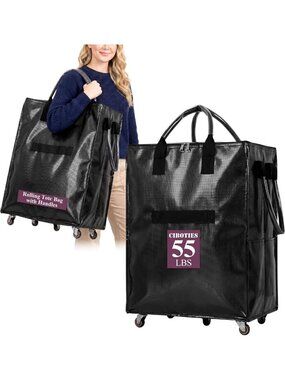 Rolling Reusable Grocery Bag on 5 Wheels, Foldable Tote Cart for Shopping